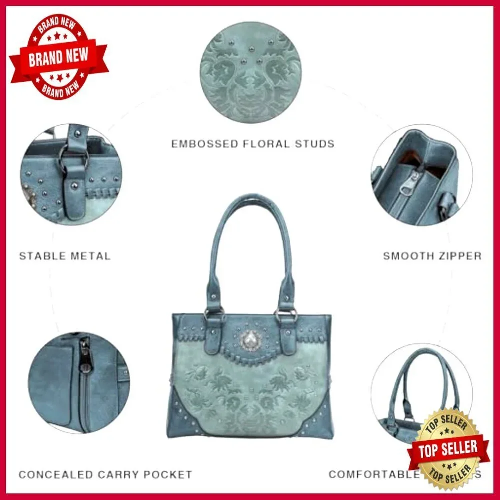 Large Faux Leather Tote Bag with Western Studs and Adjustable Shoulder Strap
